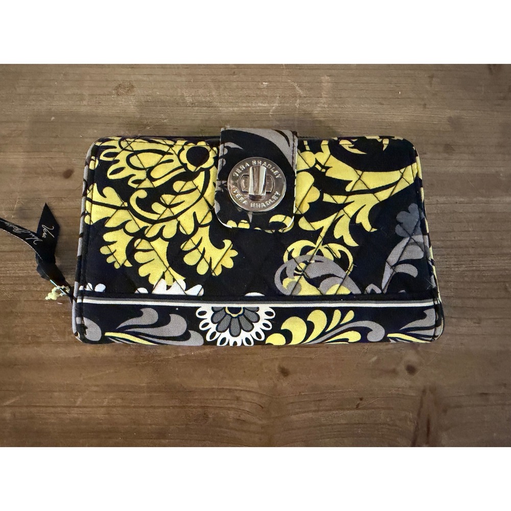 Vera Bradley Turnlock Wallet Night and Day Quilted Cotton Black Yellow Grey